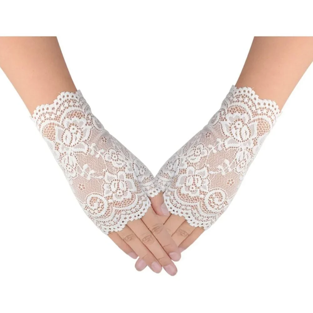 Women's 2 Pairs White Lace Fingerless Gloves Party Prom Costume Accessories